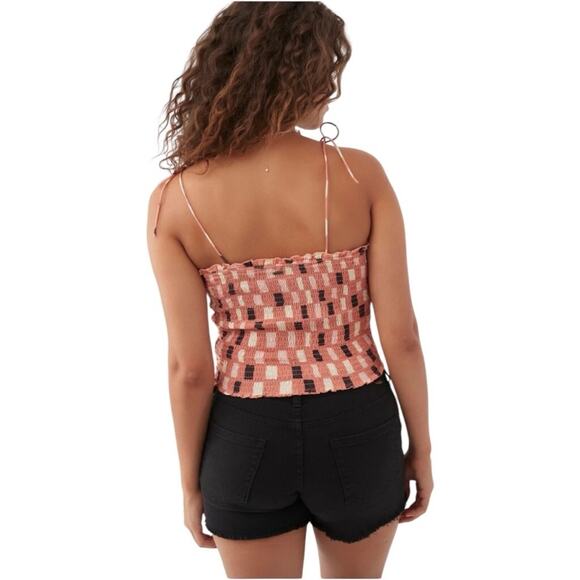 O’Neill Pink Geometric Smocked Crop Top XS Tie Strap Tank NWT - Picture 2 of 8